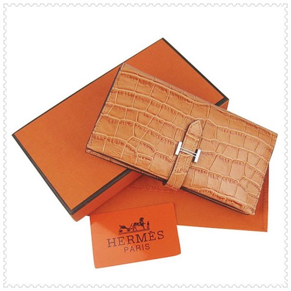 Hermes Bearn Gusset Wallet Crocodile Leather Orange